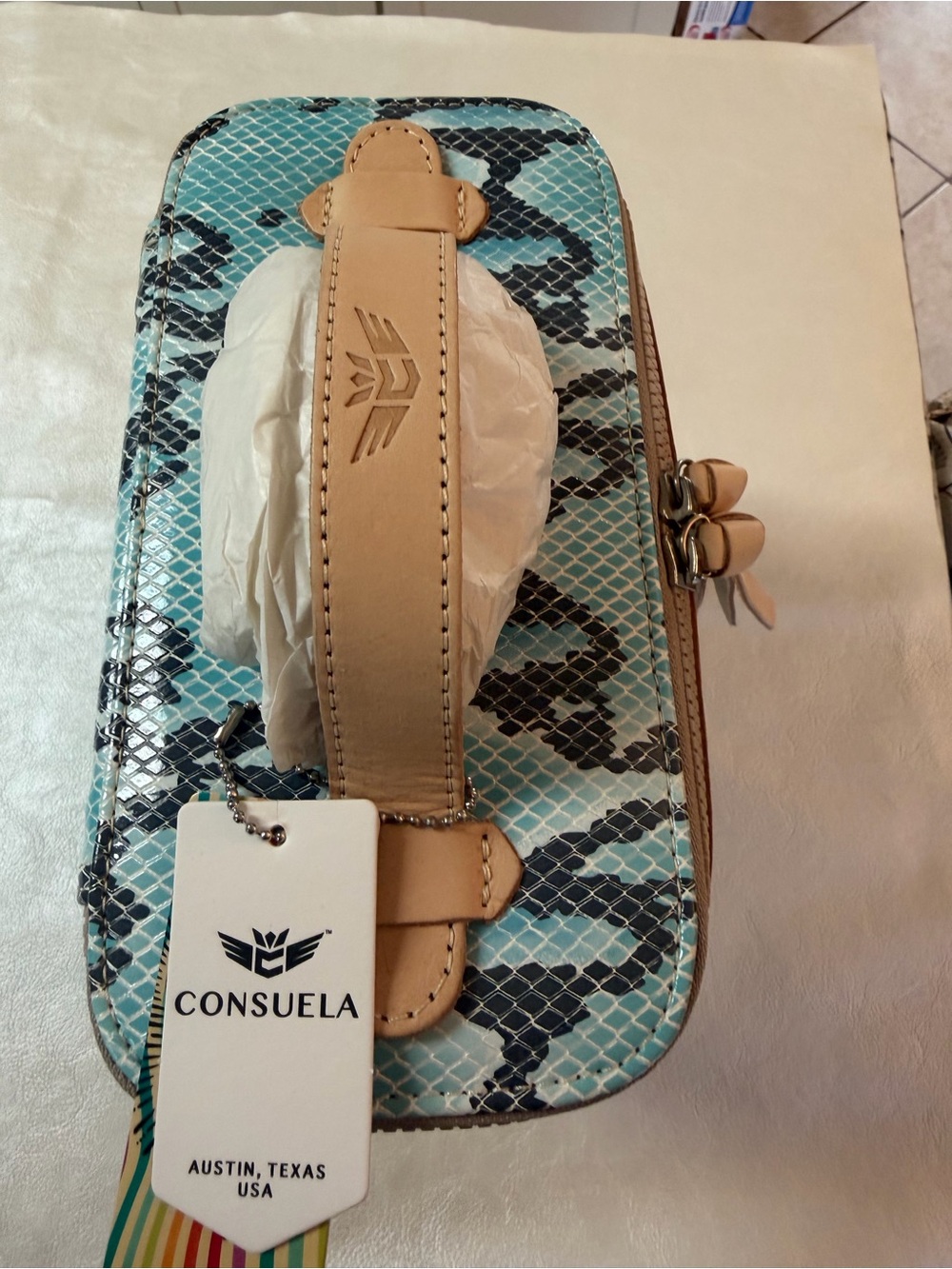 Consuela Turquoise Snake-Print Cosmetic Case with Tan Trim - Picture 5 of 9